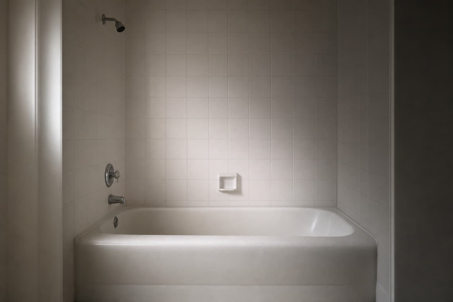 A small bathroom with an old white alcove bathtub still in place against square white tile