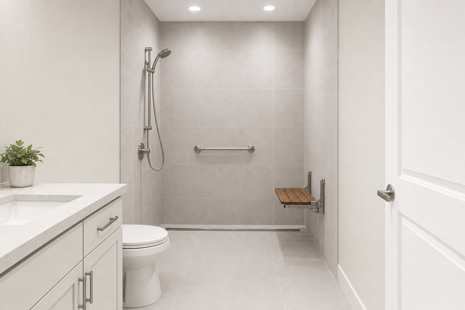The same bathroom finished as a curbless shower with a linear drain, a folding bench and a grab bar