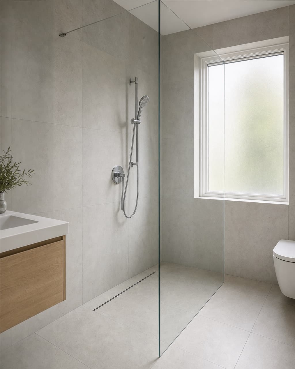 A completed curbless walk-in shower with tile running level from the bathroom floor and a linear drain