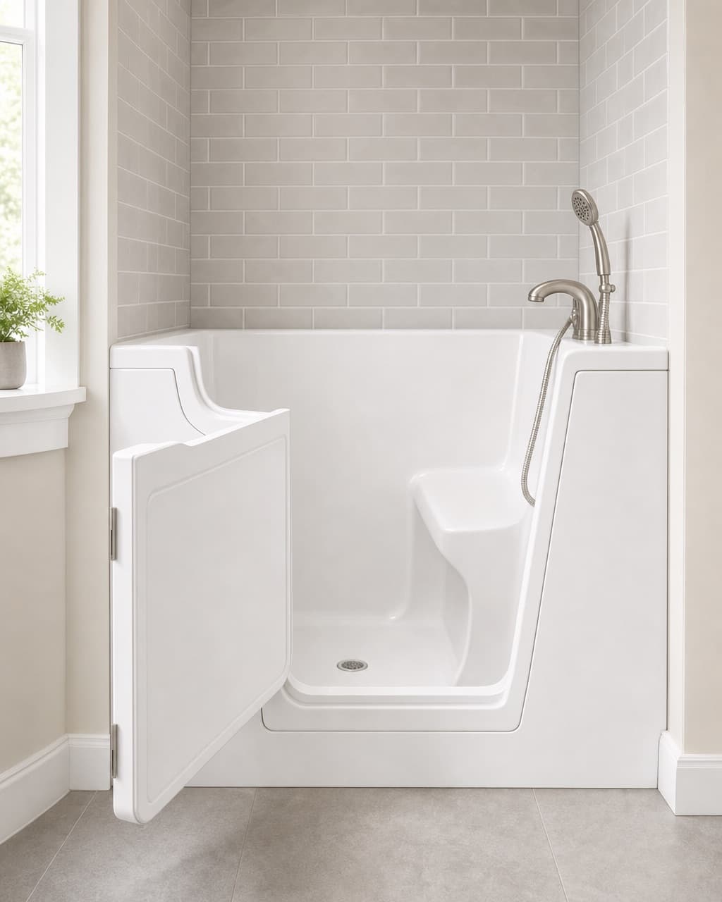 A white walk-in bathtub with a low inward-opening door and a moulded seat in a tiled alcove