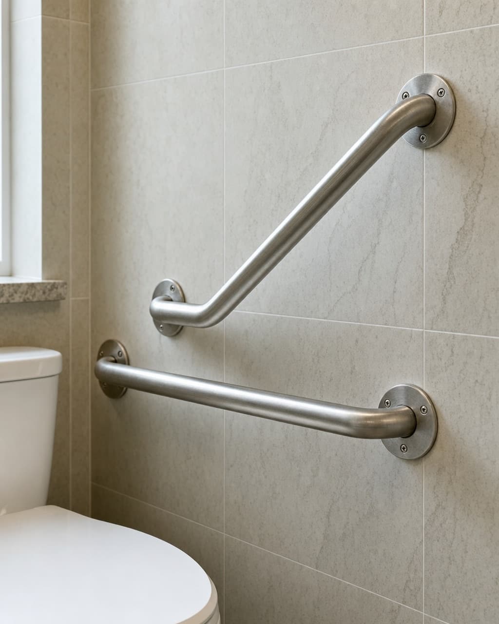 Two stainless grab bars mounted into tile beside a toilet, with solid backing visible at the anchor points