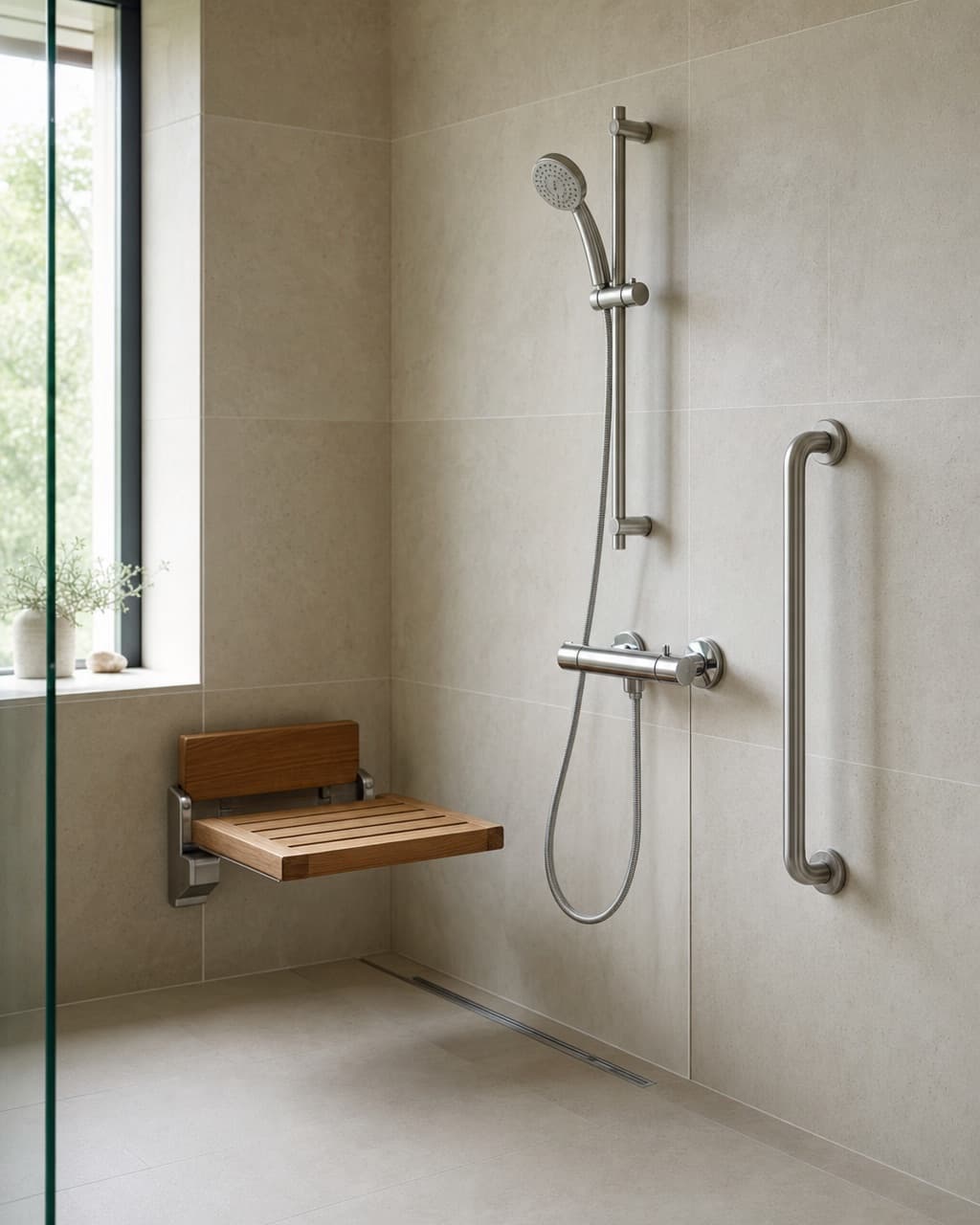 A teak folding bench and vertical grab bar inside a tiled shower with a thermostatic mixer