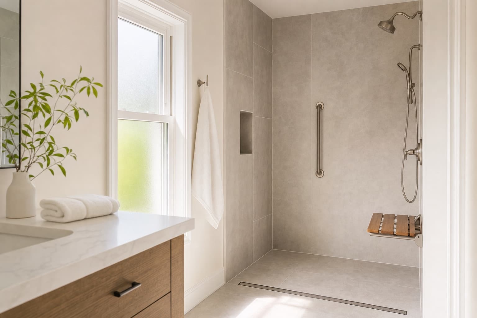 A finished accessible bathroom: a curbless walk-in shower with a folding teak seat and a brushed nickel grab bar