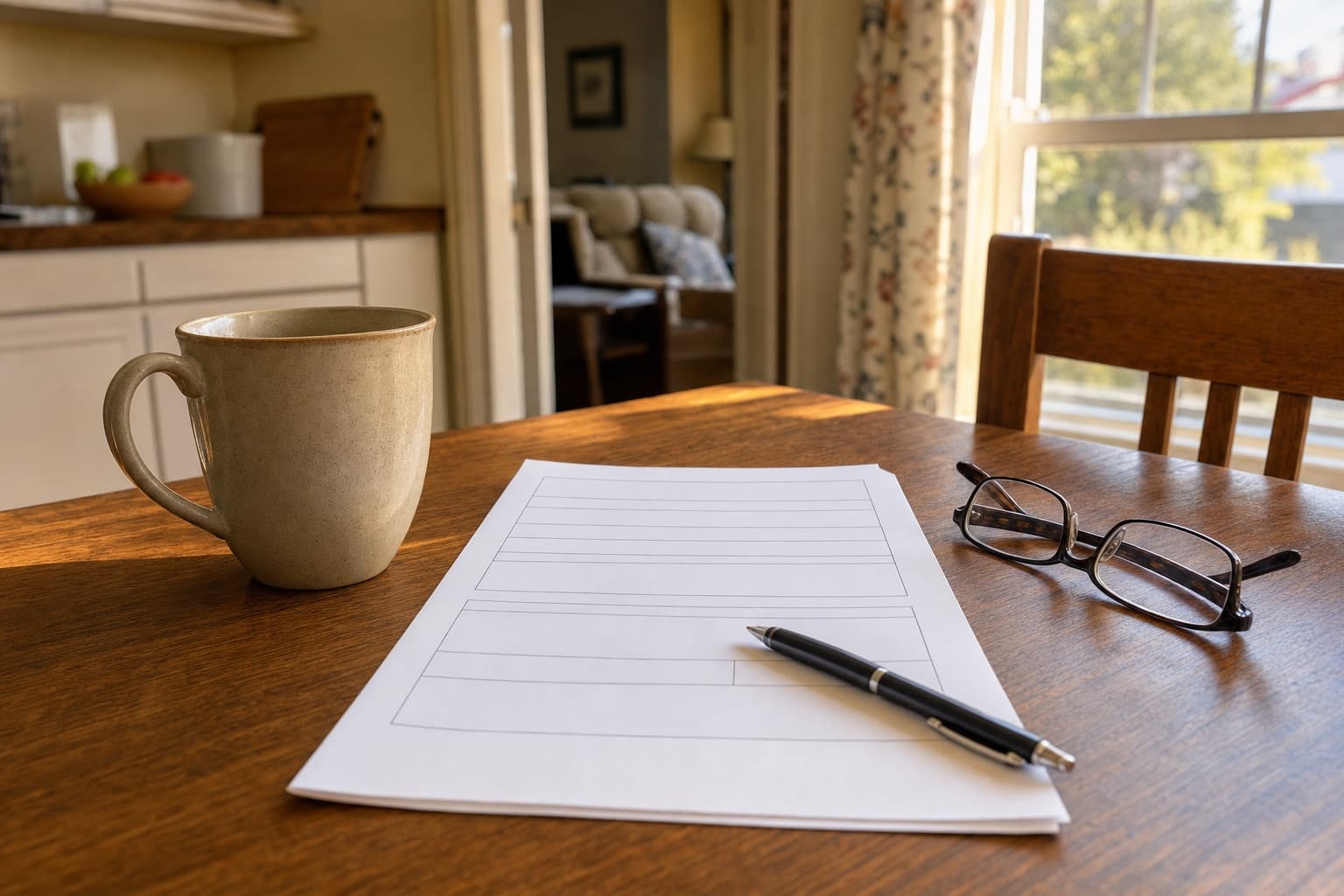 A blank application form, a pen and reading glasses on a kitchen table