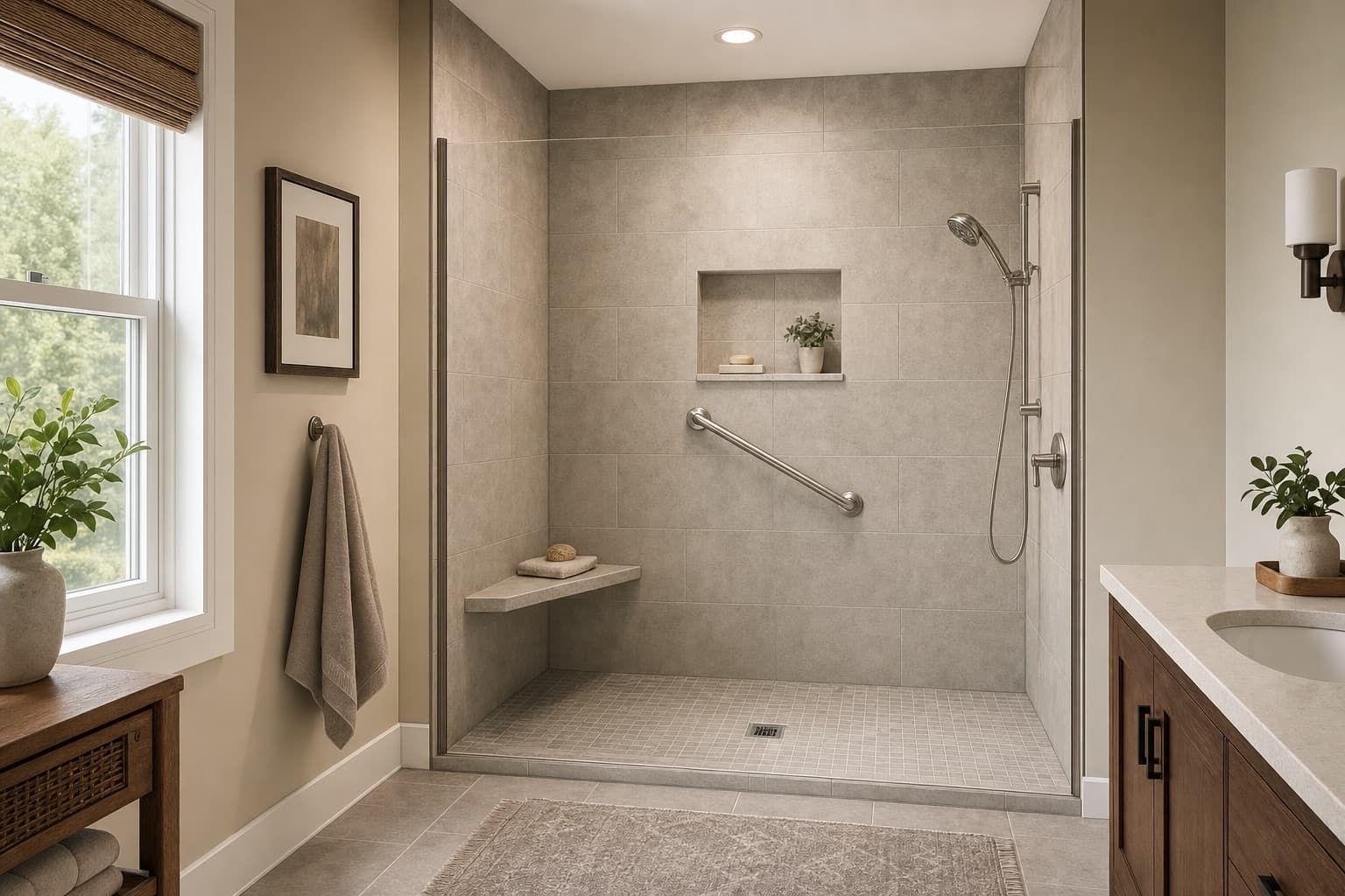 A completed bathtub-to-shower conversion in the same footprint, with a bench and grab bar