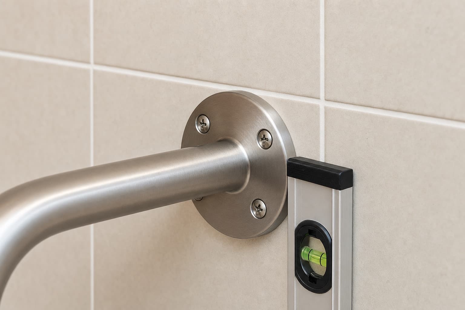 A grab bar flange being anchored into solid blocking behind tile, with a level held against it