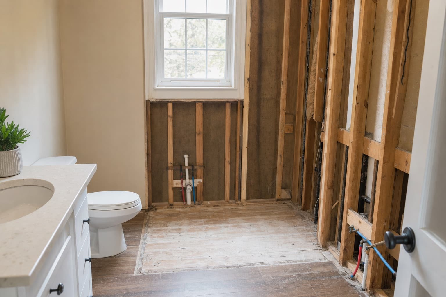 A small bathroom mid-renovation, the old bathtub removed and the framing exposed