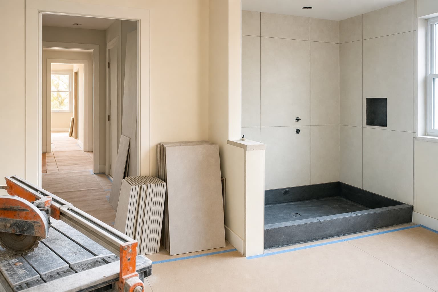 A bathroom renovation at the tiling stage, stacks of large-format tile ready
