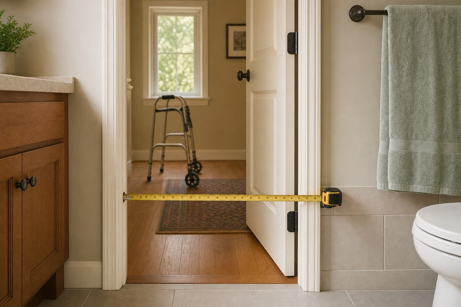 A tape measure held across the clear opening of a bathroom doorway