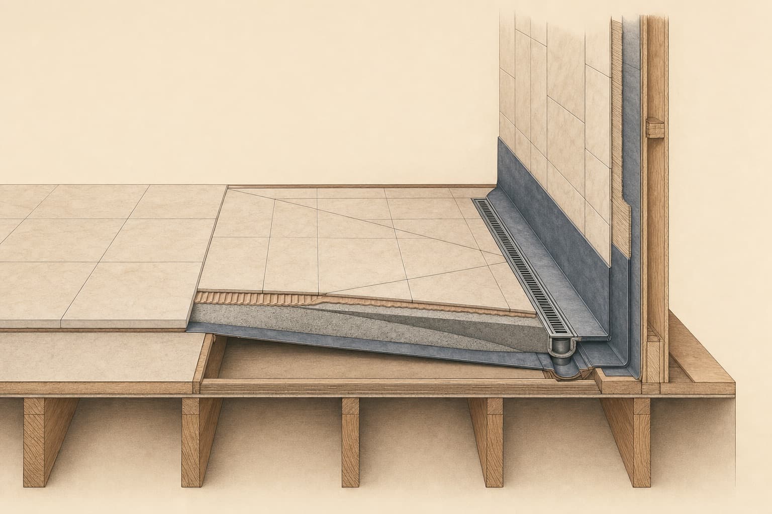 Cutaway of a curbless shower floor: joists, recessed subfloor, sloped bed, membrane and linear drain
