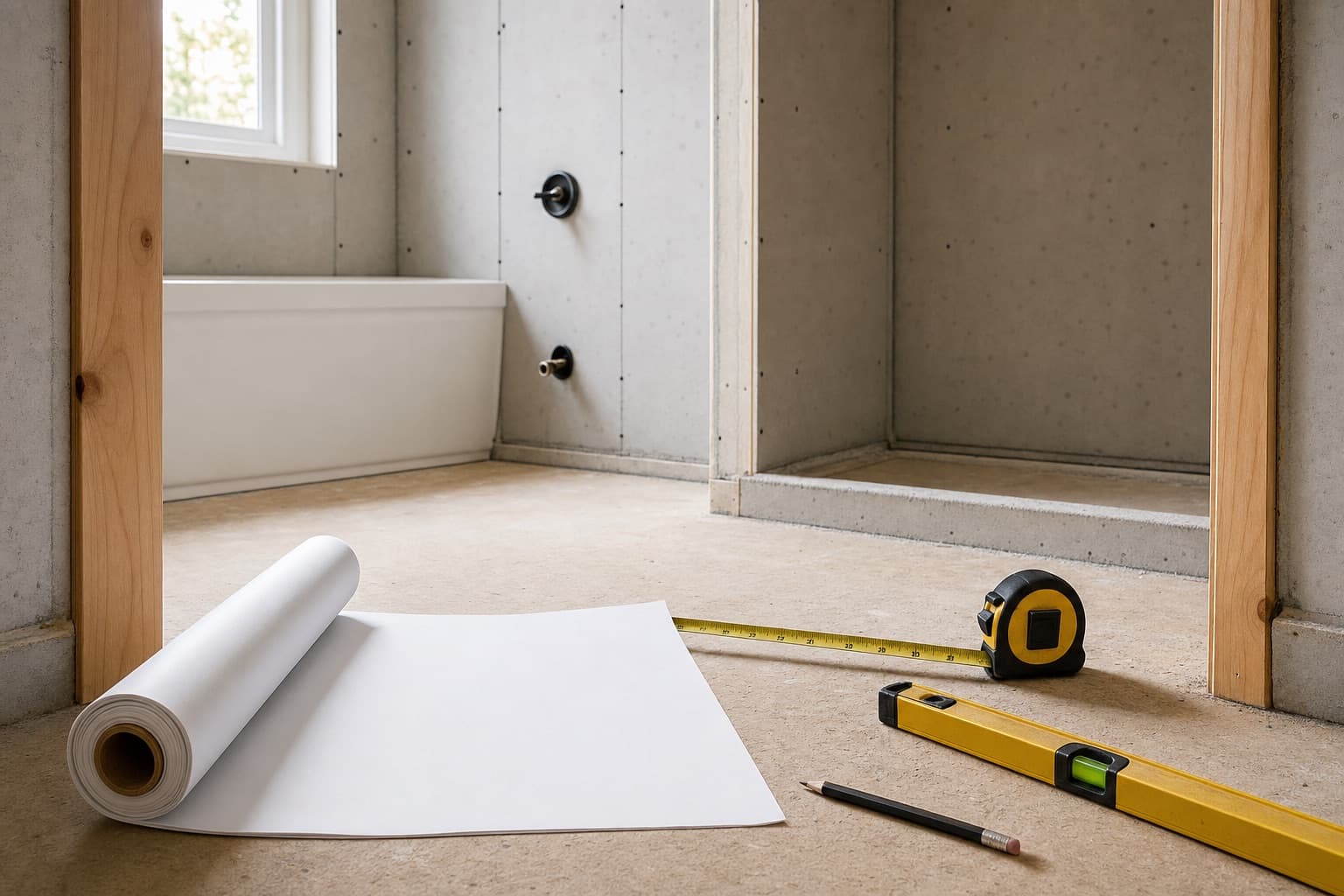 A rolled floor plan and a tape measure on the floor of a bathroom under renovation