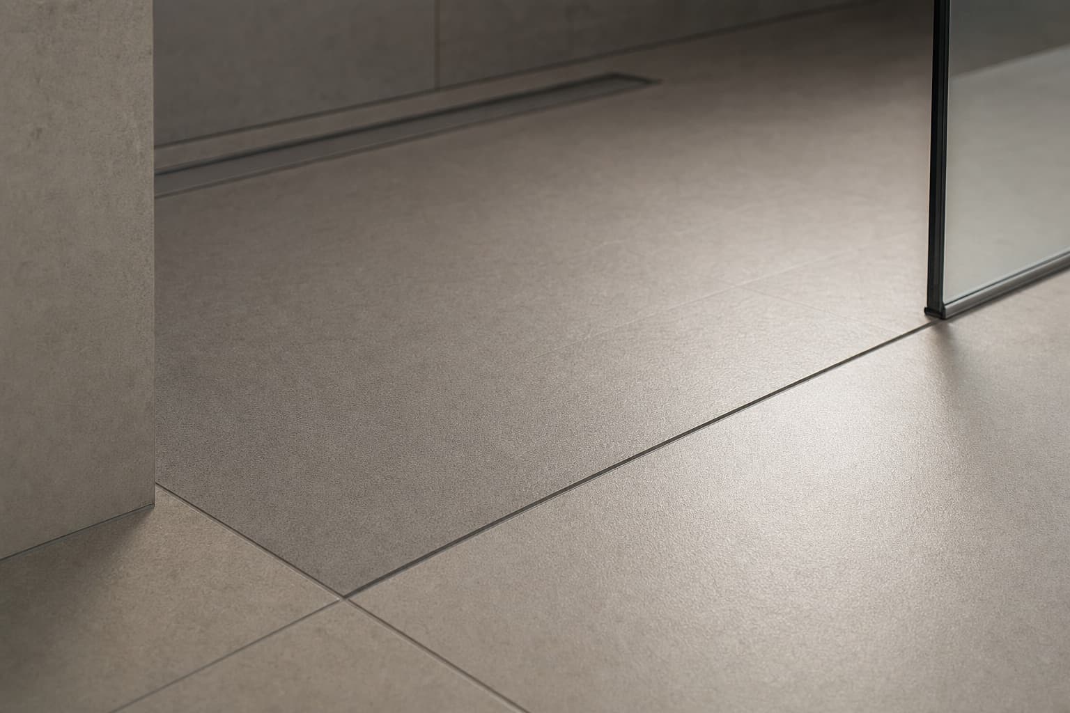 The threshold detail of a curbless shower, the floor meeting the shower with no step
